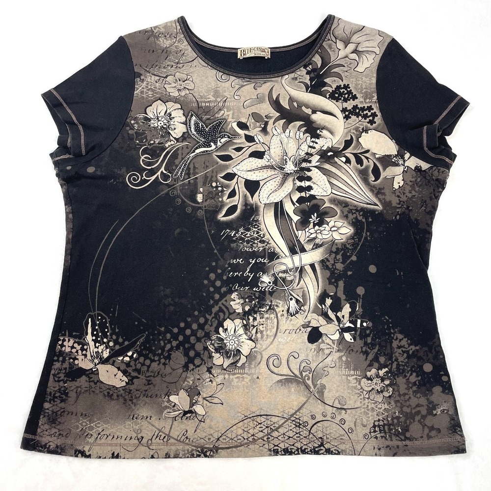 VTG Blue Canyon Woman 100% Cotton Y2K Floral Tattoo Printed Rhinestone Tee 1X‎